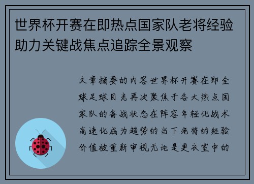 世界杯开赛在即热点国家队老将经验助力关键战焦点追踪全景观察 世界杯开赛在即热点国家队老将经验助力关键战焦点追踪全景观察
