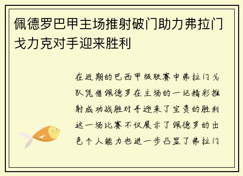 佩德罗巴甲主场推射破门助力弗拉门戈力克对手迎来胜利 佩德罗巴甲主场推射破门助力弗拉门戈力克对手迎来胜利